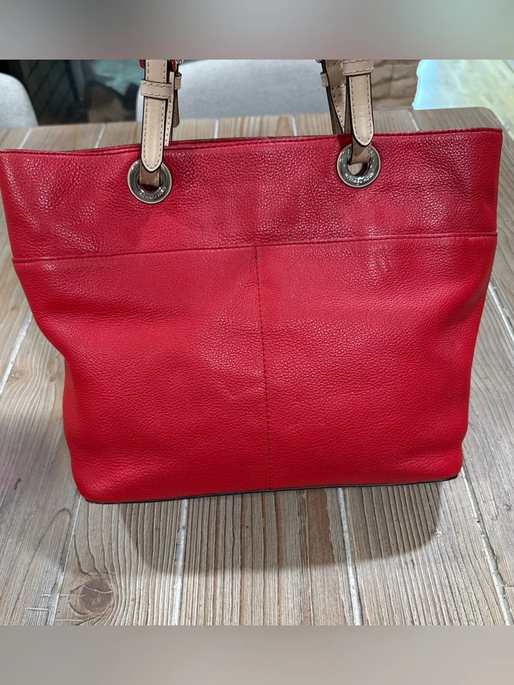 Michael Kors Bedford Medium Top Zip Pocket Tote Bag in Red Pebbled Leather